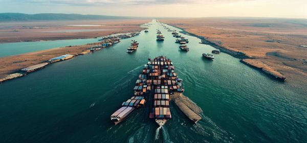Container ships in narrow waterway
