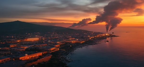 Mediterranean coastline city with smoke plumes at dusk