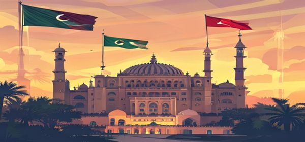 Islamabad government building with national flags at dawn