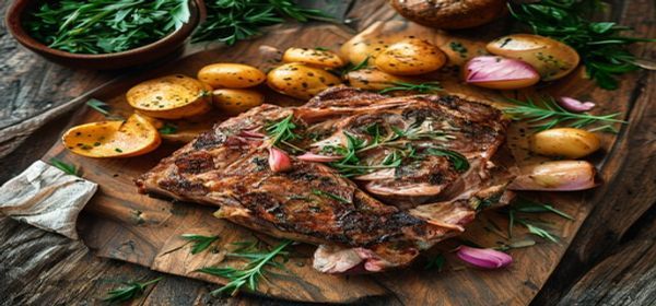 Roast leg of lamb with rosemary and roast potatoes on rustic wooden board