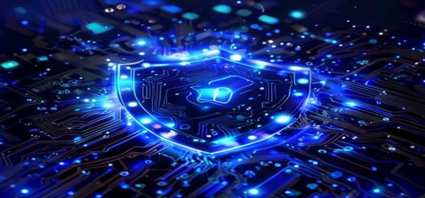 Digital shield and lock on circuit board pattern, cybersecurity concept