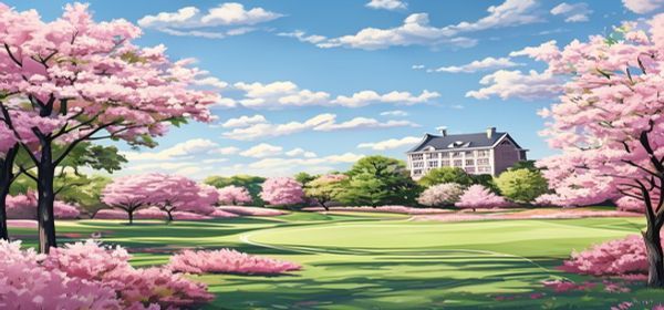 Golf course with blooming azalea trees and clubhouse in spring sunlight