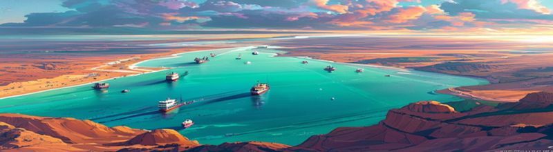 Aerial view of Strait of Hormuz with stationary tankers and cargo ships