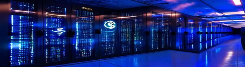 Blue-lit data centre server room representing digital payment infrastructure