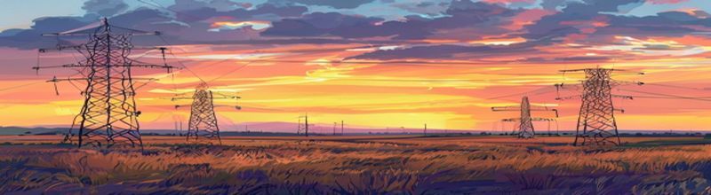 High-voltage transmission towers across American prairie at golden hour