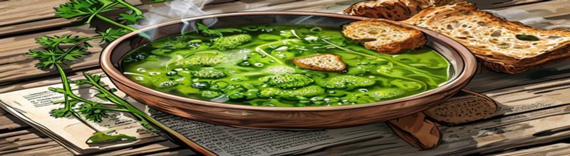Steaming bowl of bright green nettle soup with crusty soda bread and wild garlic flowers