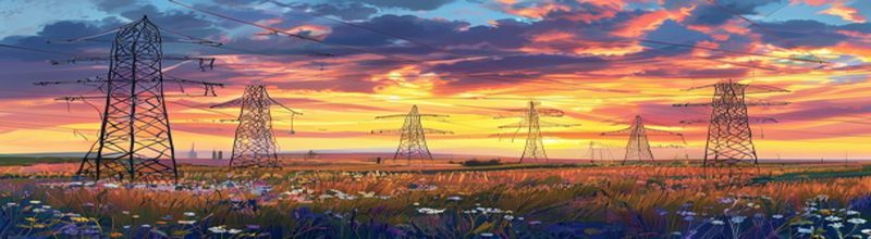High-voltage transmission towers across American prairie at golden hour
