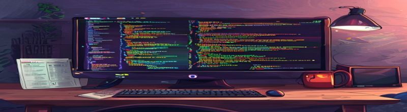 Code editor with colourful structured source code on a wooden desk