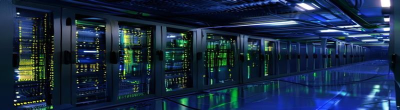 Server room interior with rows of dark steel server racks lit by green and amber status LEDs