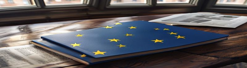 Bound European Union regulation booklets with gold stars on a polished wooden table
