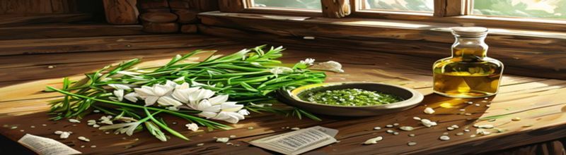 Bunch of fresh wild garlic leaves with white star-shaped flowers on a wooden board, a small jar of green pesto, a lemon and a block of pecorino alongside