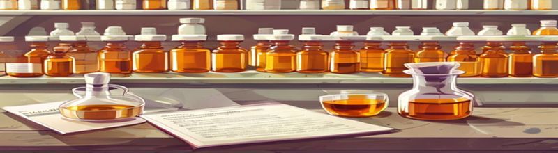 Panoramic view of a bright pharmacy compounding bench with rows of unmarked amber prescription bottles, a small glass vial of clear oil-based liquid, a stainless steel mortar and pestle, and a closed prescription pad in the foreground
