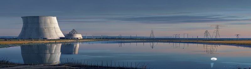 Large concrete cooling tower complex at dusk, a wide reservoir lake, transmission pylons stretching across flat farmland under a steel-grey sky