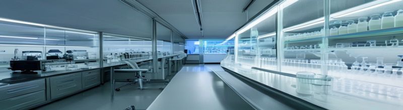 Panoramic view of a modern biotech laboratory at dawn, long stainless-steel workbench with rows of next-generation sequencing instruments and sample cartridges, a cluster of clear microtubes in a plastic rack under an LED task light, DNA helix diagrams projected onto a glass partition, clean white walls