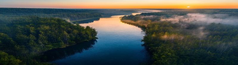 Panoramic aerial view of a forested Minnesota lake at dawn, pine-covered shoreline curling around dark blue water, a narrow river snaking through marsh reeds in the foreground, early mist rising from the water, low orange sun behind the treeline
