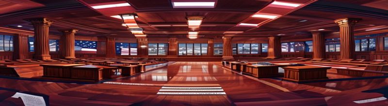Panoramic view of the empty United States Senate chamber floor at dusk, curved wooden desks arranged in a horseshoe facing the presiding officer's rostrum, a pair of American flags flanking the chair, warm lamplight from overhead chandeliers reflecting off polished mahogany, marble columns along the back wall