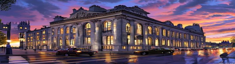 Panoramic view of the Bank of England building in London at dusk, honey-coloured stone facade with tall arched windows and Corinthian columns, the brass name plate catching the last light, a single London black cab stopped briefly at the kerb, damp Threadneedle Street pavement reflecting streetlamps