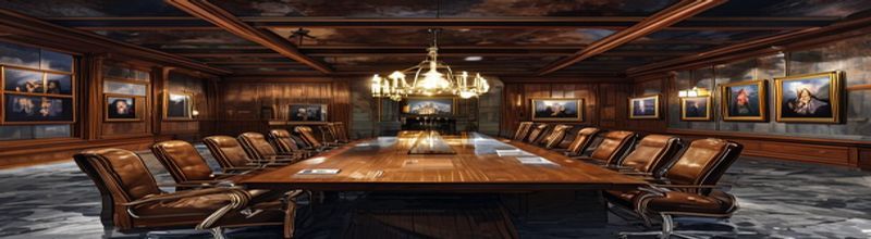 Panoramic view of the Eccles Building boardroom at night with long polished wooden conference table reflecting brass pendant lamps, empty high-backed leather chairs arranged along both sides, a marble fireplace at the far wall flanked by oak-panelled walls and framed portraits, subdued lamplight