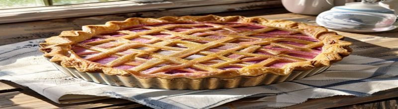 Golden-edged rustic rhubarb tart cooling on a wooden board, deep pink rhubarb batons arranged in a spiral over a pale custard base, a jug of cream and a small bowl of demerara sugar beside it