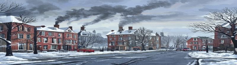 Panoramic view of a misty morning over a Dublin residential street in winter, two-storey red-brick terraced houses with smoking chimneys along both sides, a faint bluish haze settling between the rooftops, a narrow tarmac road with parked cars coated in frost, bare winter trees on the pavement, soft grey overcast light