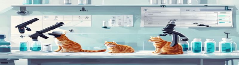 Panoramic view of a veterinary laboratory bench with a row of sterile glass vaccine vials capped with blue rubber stoppers, a diagram of an RNA strand on a clipboard beside them, a microscope and pipette stand behind, cool clinical white light