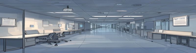 Panoramic view of an office-building corridor at dawn with an open bank of plain vacant desks, monitors dark, a single printed jobs bulletin pinned to a noticeboard and a clock on the wall reading 6am, neutral grey-blue tones and pale fluorescent light, workplace interior still life