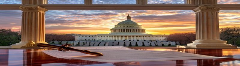 Panoramic wide view of the United States Capitol dome at dawn, marble columns and statuary in the foreground, printed Senate roll call sheet lying on a polished mahogany desk with a brass gavel beside it, soft amber light through tall windows, no people no faces no hands