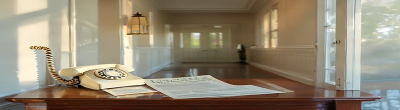 Panoramic view of a clean home hallway with a vintage cream-coloured landline telephone on a polished wooden side table, an opened paper phone bill and a euro coin lying beside it, soft morning light through a frosted glass door, no people no faces no hands