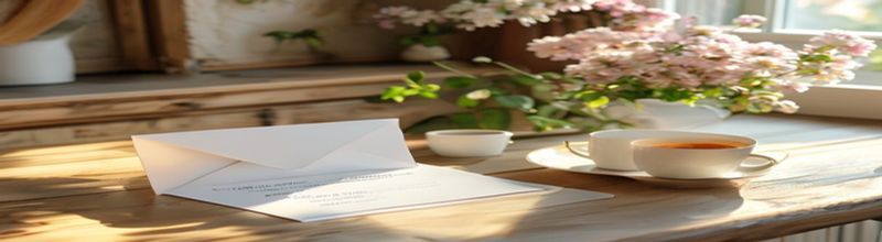 Panoramic view of a small white BowelScreen test kit envelope on a wooden kitchen table beside a sealed return envelope and a cup of tea, soft morning light through a kitchen window with a flowering plant, no people no faces no hands