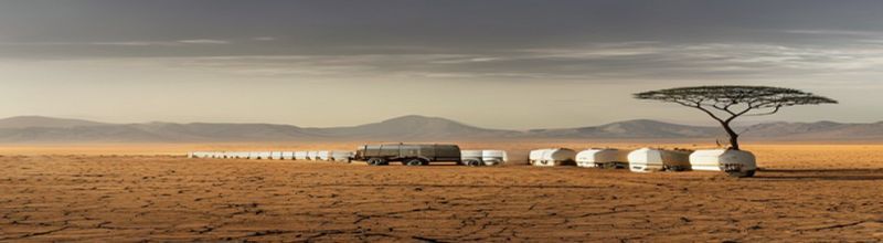 Panoramic view of an arid East African plain with a long row of empty white sacks marked with grain agency logos waiting beside a parked relief lorry, dust on the horizon, mountains in the far distance under a hazy sky, a single grey acacia tree casting a long shadow, no people no faces no hands