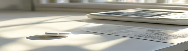 Panoramic view of a single small white pharmaceutical tablet on a blister pack resting on a white pharmacy counter beside an open prescription leaflet, soft daylight from a side window casting long shadows, a digital weighing scale visible in the blurred background, no people no faces no hands