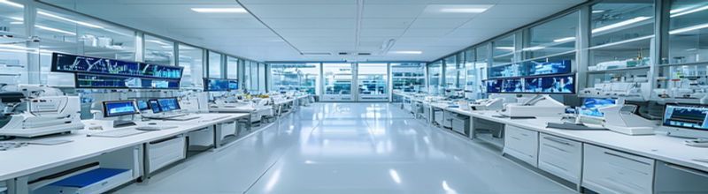 Panoramic view of a modern pharmaceutical research laboratory interior, rows of automated liquid-handling robots and HPLC machines on white benchtops, computer monitors displaying chromatograms, glass-walled clean room visible through a wide window at the end of the room, cool clinical lighting, polished tile floor, no people no faces no hands