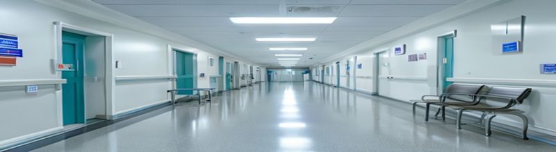 Panoramic view of a hospital outpatient corridor in an Irish HSE building, clean white walls with painted blue dado rail, doors to consultation rooms on both sides with department signs, vinyl floor reflecting the strip lighting, a stainless-steel hand-sanitiser stand and a row of empty waiting chairs against the wall, soft fluorescent light, no people no faces no hands