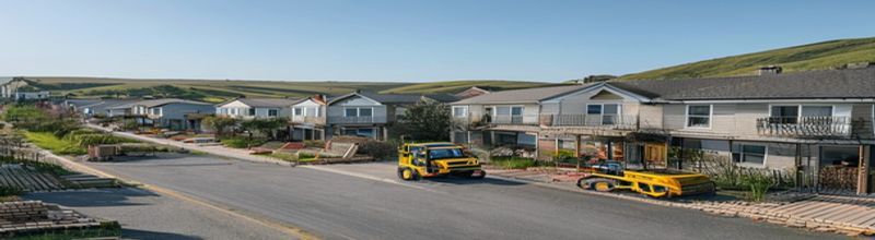 Panoramic view of a partly built Irish housing estate at the edge of a town on a clear morning, two rows of three-bedroom semi-detached houses at different stages of construction, scaffolding and breeze-block walls on the nearer plots and finished slate roofs and white pebble-dash on the further ones, neat tarmac roads with kerbs in place but no street lighting yet, scattered timber pallets and a yellow JCB parked beside a half-built porch, low green hills behind, no people no faces no hands
