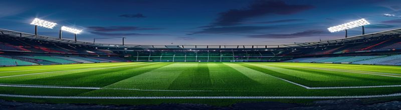 Panoramic interior view of a large modern European football stadium at dusk before kick-off, the empty tiered seating bowl curving around the pitch, floodlights blazing onto a perfectly striped green grass pitch, large white goal nets at both ends, painted white penalty boxes and centre circle, a giant LED scoreboard showing UEFA Champions League branding, soft pink and indigo dusk sky over the upper deck, no people no faces no hands