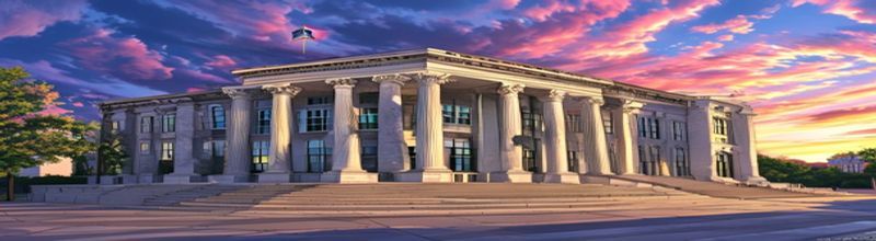 Panoramic view of Marriner S. Eccles Federal Reserve Building in Washington DC at dawn, neoclassical white stone facade, eagle emblem above entrance, empty Constitution Avenue stretching toward Capitol, soft morning light, no people no faces no hands