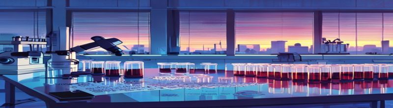Panoramic view of microscope and rows of glass blood-sample vials on a clinical laboratory bench at dawn, blue-tinged morning light through window blinds, virology lab equipment, no people no faces no hands