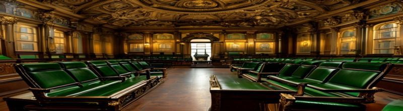 Panoramic view of the Dáil chamber in Leinster House at low light, the green leather benches arched in a horseshoe, brass railings and the panelled ceiling with central rose, the Ceann Comhairle's chair raised at the head, no people no faces no hands