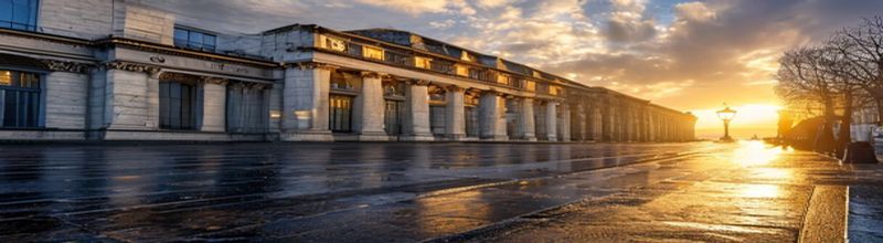 Panoramic view of the Bank of England building on Threadneedle Street in the City of London at first light, the long Soane stone facade and corner pilasters lit by low golden sun, the Royal Exchange columns just visible to one side, an empty wet pavement reflecting lamplight, no people no faces no hands