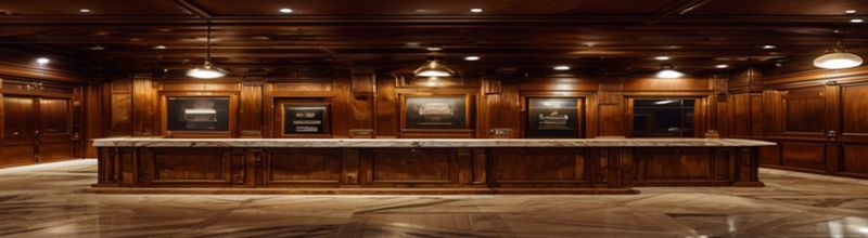 Panoramic view of the marble-floored grand interior of a London bank with neoclassical columns and a high ornate ceiling, soft warm light from chandeliers reflecting off polished surfaces, no people no faces no hands