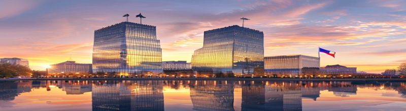 Panoramic view of the European Central Bank's twin glass towers in Frankfurt at sunrise, the Main river in foreground reflecting the building, EU flag faintly visible, soft golden light on glass facade, no people no faces no hands