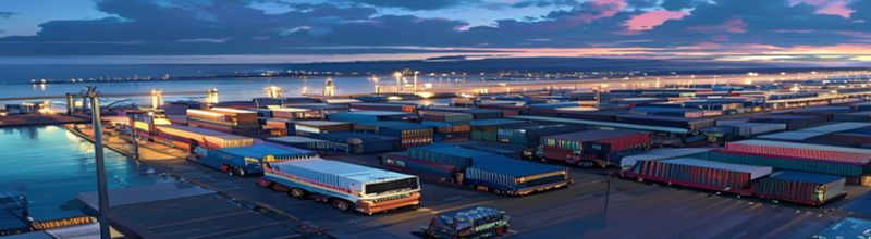 Panoramic aerial view of the Port of Dover at dawn with rows of refrigerated articulated lorries queued at customs lanes, white cliffs in the background, calm grey sea, a stack of paper customs declarations on a steel desk in the foreground, no people no faces no hands