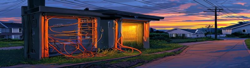 Panoramic technical illustration of fibre-optic cable being laid into a trench along a rural Irish boreen at first light, glossy yellow fibre ducting curving into the distance, a stone wall and hedgerow lining the road, distant Westmeath drumlins on the horizon under pale grey sky, no people no faces no hands