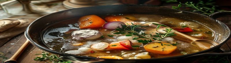 Panoramic view of a roasting tin of bone-in spring lamb leg on a bed of new-season Wexford potatoes and shallots, sprigs of rosemary and thyme tucked between, the pan deglazed with a small jug of pan juices set alongside, warm afternoon light from a sash window, no people no faces no hands