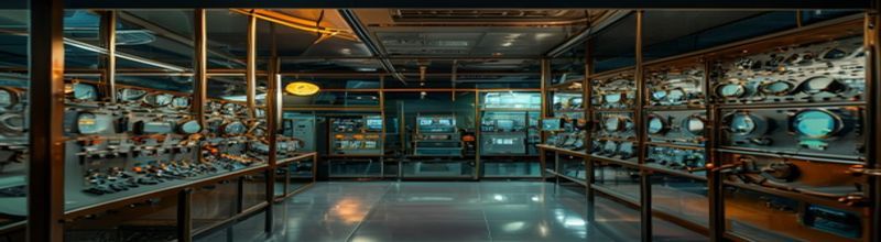 Panoramic interior view of a high-voltage electrical substation control room at night with rows of vintage analogue gauges, panel meters and copper bus-bars behind glass, soft amber emergency lighting reflecting off polished steel, a wall of process diagrams showing pipelines and transformers, no people no faces no hands