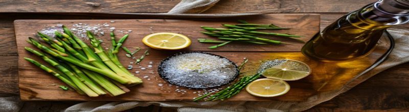 Panoramic overhead view of fresh ingredients on a wooden chopping board, new-season Irish asparagus spears, lemon halves, sea salt flakes, a glass jug of olive oil, a cast-iron skillet on a linen-draped kitchen table, soft morning light, no people no faces no hands