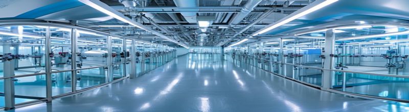 Panoramic interior view of a pharmaceutical manufacturing clean room with rows of stainless-steel bioreactor tanks under bright overhead lighting, polished epoxy floor reflecting the equipment, glass observation panels along one wall, pale blue ductwork running along the ceiling, sharp sterile detail on the chrome valves and pressure gauges, no people no faces no hands