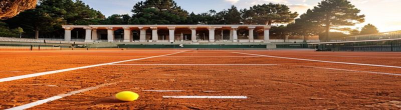 Panoramic wide-angle view of a clay tennis court at the Foro Italico in Rome at sunrise, freshly brushed red clay surface with crisp white sideline and baseline tapes, a stadium of empty marble-clad seats rising on either side, a single stadium chair umpire's high chair in the centre, soft warm light catching the polished surface, sharp detail on the brushed clay texture, no people no faces no hands