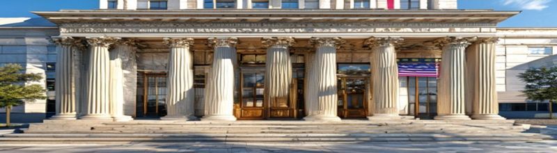 Panoramic exterior view of a classical-era community bank building with tall fluted limestone columns and a heavy brass-trimmed wooden door, polished granite steps reflecting afternoon sun, an American flag mounted on a polished steel pole at the entrance, low-rise commercial buildings on either side, sharp architectural detail on the dentil moulding and pediment, no people no faces no hands