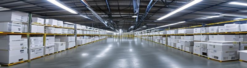 Panoramic view of a European pharmaceutical packaging warehouse, neat stacks of white cardboard boxes labelled with multilingual product names on industrial steel shelving under bright LED ceiling lights, no people no faces no hands